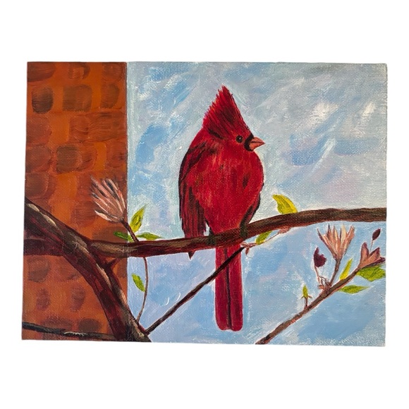 7 x 9 inch Red Cardinal bird original thin acrylic painting on canvas tree - Picture 2 of 4